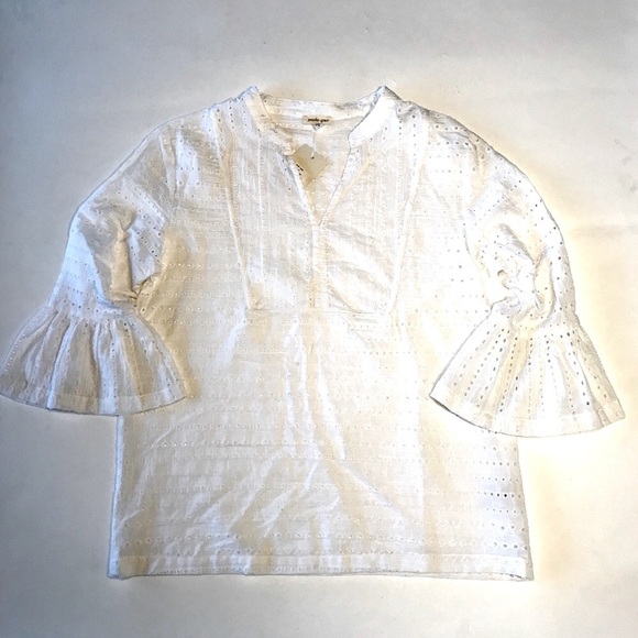 Jennifer&Grace Top White Eyelet Bell Sleeve Small - Picture 1 of 9